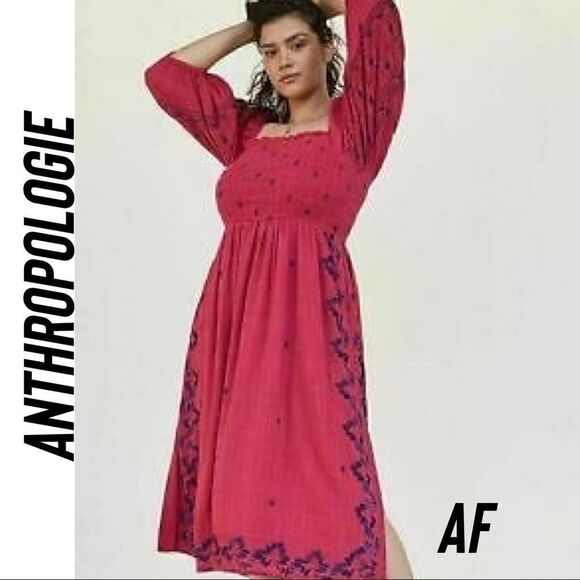 ANTHROPOLOGIE BONNIE SMOCKED MIDI DRESS NEW MAGENTA COMBO MEDIUM - Picture 3 of 16